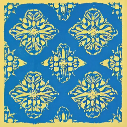 Prompt: a beautiful, symmetric pattern by andy warhol, blue color scheme, cyan colors, gold highlights, ultra high details, triade color scheme, # 2 2 3 3 e 6