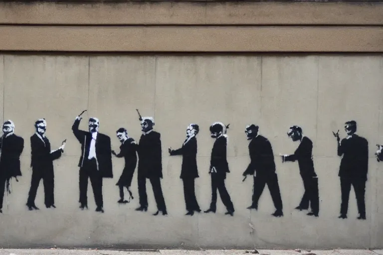 Image similar to a banksy street art painting of several men in black fbi suits with question marks instead of heads