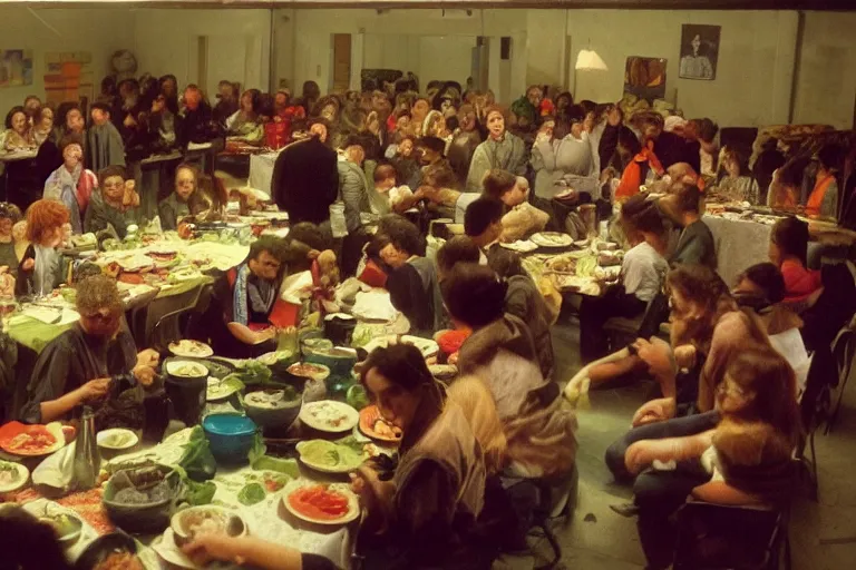 Image similar to photo of a room of people eating soup, the vibe is eerie, the image is low quality, it was found on the deep web.