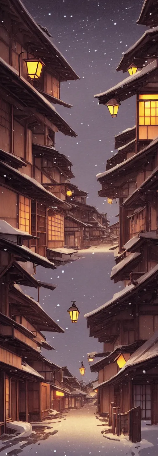 Prompt: empty rural japanese town at night, winter, in the style of studio ghibli, j. c. leyendecker, greg rutkowski, artem