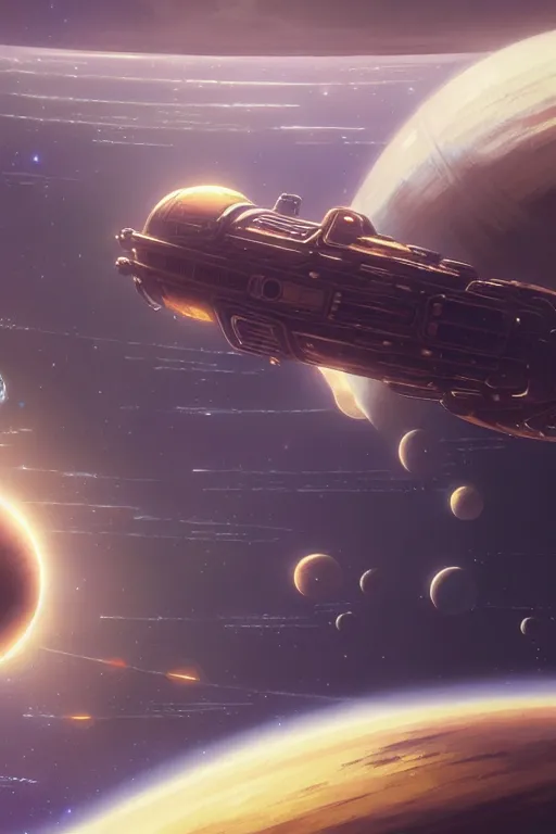 Image similar to steampunk spaceship infront of a planet, exquisite details, denoised, mid view, by karl kopinski, artsation, greg rutkowski, makoto shinkai, takashi takeuchi, studio ghibli