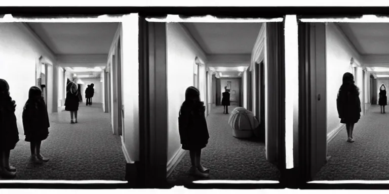 Prompt: photorealistic ultra wide cinematography of twin girls standing side by side in stanley kubrick's 1 9 8 0 film the shining standing in a long hallway inside the overlook hotel starring right at the camera shot on 3 5 mm eastman 5 2 4 7 film by the shining cinematographer john alcott shot on a wide kinoptik tegea 9. 8 mm lens. with golden ratio composition