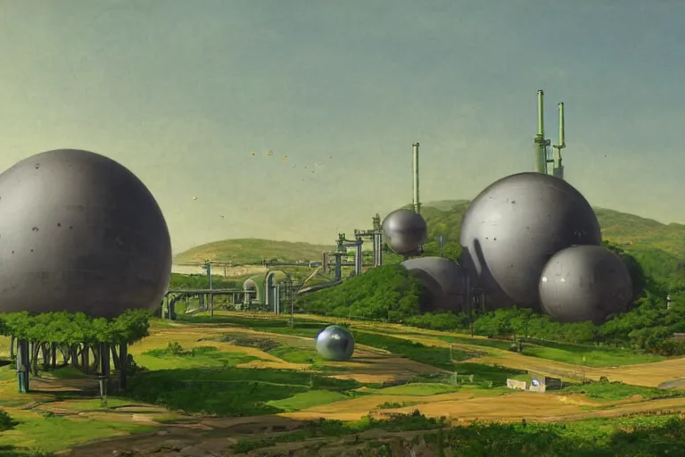 Prompt: an impressive science fiction big factory with a spherical architecture designed by boeing military and star wars with fat cables and pipes at its base, on a beautiful green hill in a the french countryside during spring season, painting by studio ghibli backgrounds and louis remy mignot hd, nice lighting, smooth tiny details, soft and clear shadows, low contrast, perfect