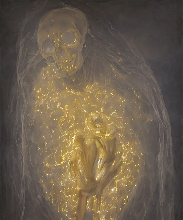 Image similar to Beautiful full-body wax sculpture of a glowing transparent woman with a skull face in glowing dress with visible gold bones covered with melted white wax inside the singularity where stars becoming baroque folds of dark matter by Michelangelo da Caravaggio, Nicola Samori, William Blake, Alex Grey and Beksinski, dramatic volumetric lighting, highly detailed oil painting, 8k, masterpiece