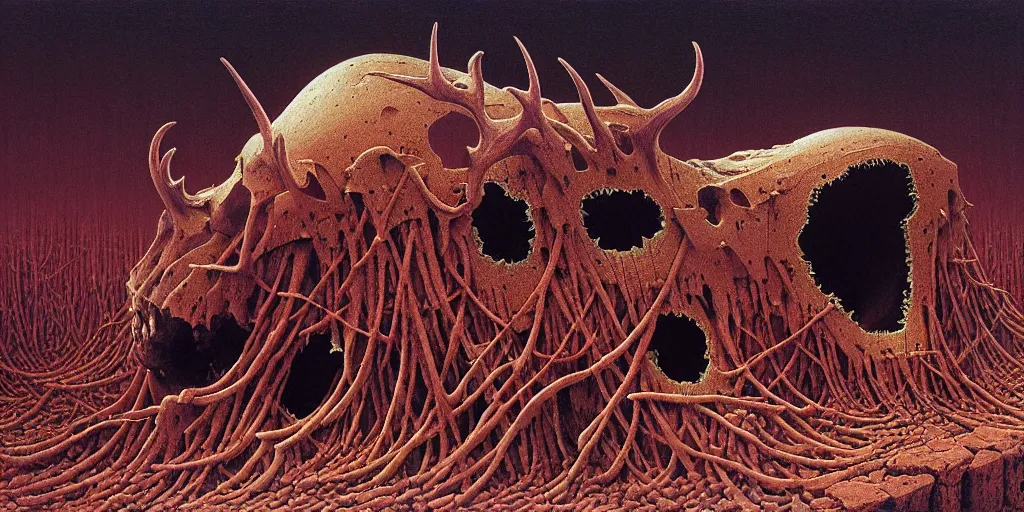 Prompt: tiny colony of red harvester ants nested inside the cavities of a large moose skull, Zdzislaw Beksinski, Wayne Barlowe, gothic, cosmic horror, dystopian, biomorphic, lovecraftian, amazing details, cold hue's