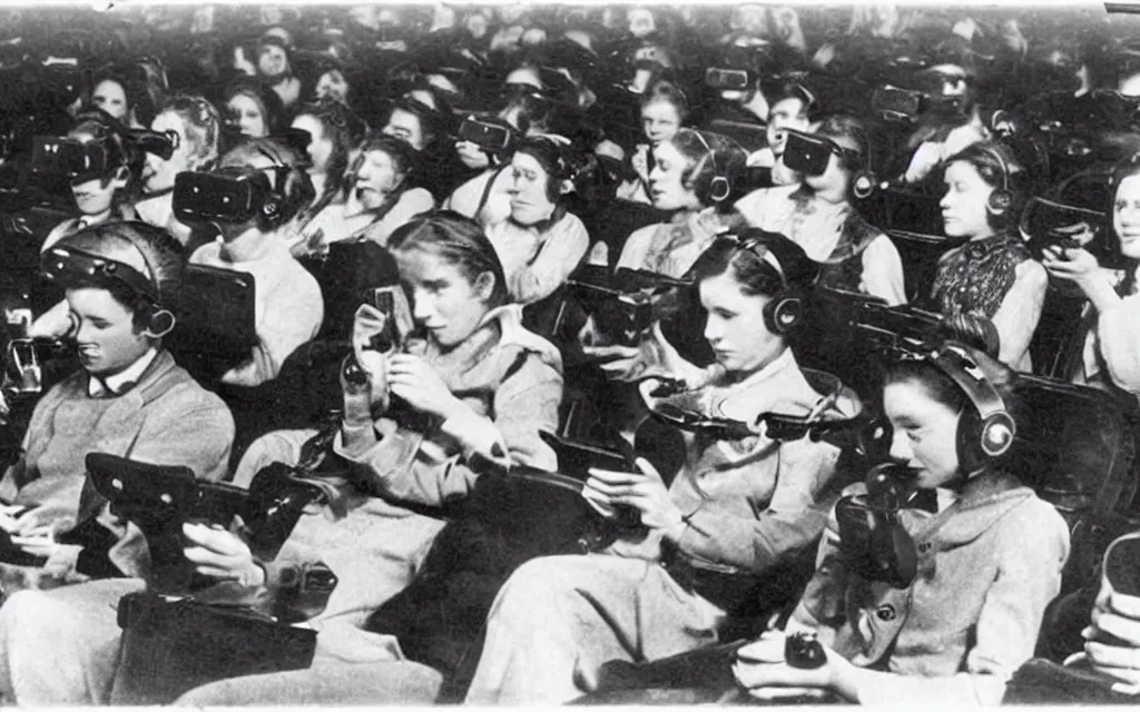 Image similar to 1 9 0 0 s photo of people using iphones ipods virtual reality headsets vr watching hd tv in a movie theater