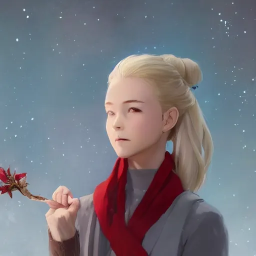 Image similar to full body portrait of a girl sorcerer with white hair in a hairbun, she is wearing a red scarf. she is holding a large natural wood wand with leaves on it and a crystal at the top. cgsociety masterpiece, artstation trending, by rossdraws, ghibli, kimi no na wa, greg rutkowski, simon stalberg, greg manchess
