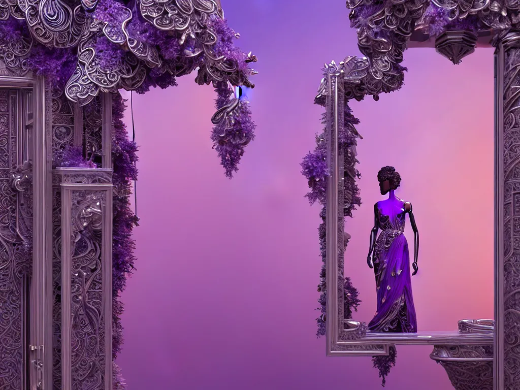 Prompt: beautiful mannequin sculpted out of amethyst by billelis + draped in flowing ornate ornamented robes + chrome geometric cubed bonsai plants!!!!, doorway opening with vaporwave geometric light, clean linework, dramatic, insanely detailed, rule of thirds, moody, confident, award winning, 4 k, trending on artstation, photorealistic, volumetric lighting, octane render