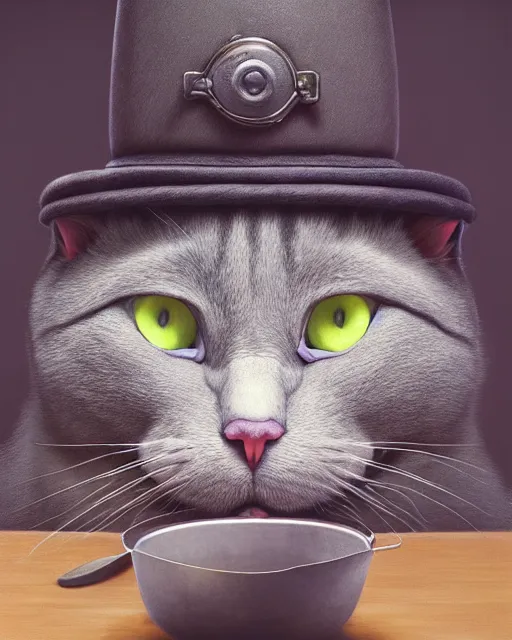 Prompt: highly detailed surreal vfx portrait of a grey cat with chefs hat on cooking a meal, stephen bliss, unreal engine, greg rutkowski, loish, rhads, beeple, makoto shinkai and lois van baarle, ilya kuvshinov, rossdraws, tom bagshaw, alphonse mucha, global illumination, detailed and intricate environment