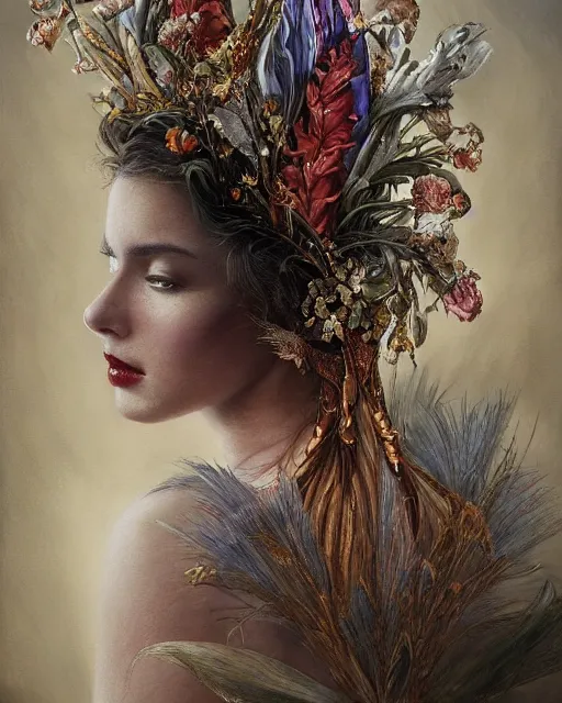 Image similar to portrait of a gorgeous young gladioli queen, uniquely beautiful, surreal, fantasy, ornamental, intricate, elegant, dramatic lighting, emotionally evoking symbolic metaphor, highly detailed, lifelike, photorealistic, digital painting, artstation, concept art, smooth, sharp focus, illustration, art by John Collier and Krenz Cushart and Artem Demura and Alphonse Mucha and Albert Aublet