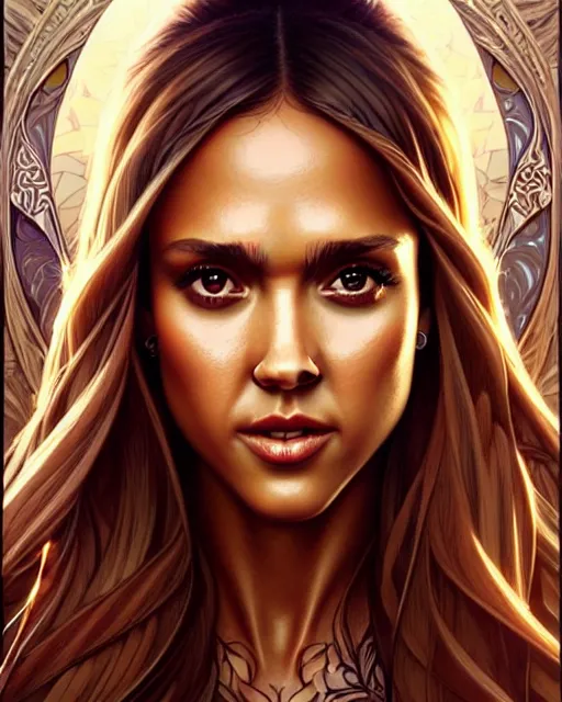 Image similar to Beautiful and playful Jessica Alba portrait, art nouveau, fantasy, intricate heart shaped designs, elegant, highly detailed, sharp focus, art by Artgerm and Greg Rutkowski and WLOP