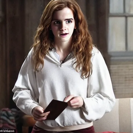Image similar to hermione granger transforming into white horse in the middle of a living room, emma watson turning into a mare