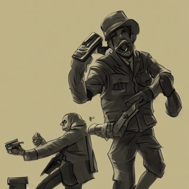 Prompt: bank rubbery, bank office, rubber face, asking where is my money, aggressive look, talking loud, blackmail, gun to head,, upper body, blockbuster, killer, extremely detailed digital video, trending artstation concept art sharp focus, cartoon style