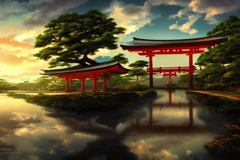Prompt: hypnagogic reflections by makoto shinkai, centered torii gate, japanese countryside, anime wallpaper, 4k, HDR timelapse, trending arstationhq, daily deviation