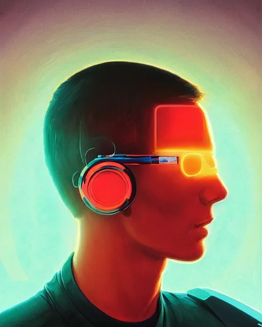 Image similar to future coder man looking on, sleek cyclops display over eyes and sleek bright headphoneset, neon accent lights, holographic colors, desaturated headshot portrait digital painting by dean cornwall, rhads, john berkey, tom whalen, alex grey, alphonse mucha, donoto giancola, astronaut cyberpunk electric