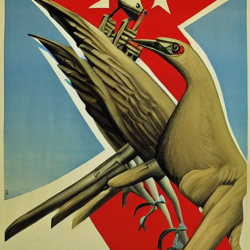 Image similar to a detailed and complex uncut full body soviet propaganda poster depicting a dromaius in military uniform. painting by dmitri moor