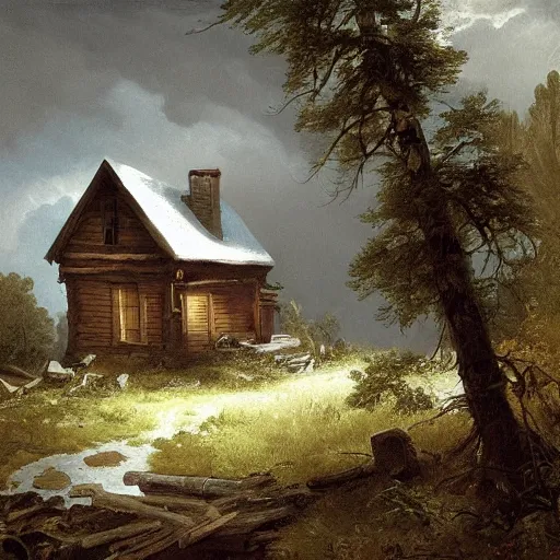 Prompt: a painting of a eerie cabin in the middle of the woods in the style of andreas achenback