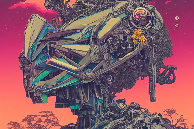 Image similar to gigantic mecha head, a lot of exotic vegetation, trees, flowers by moebius, dull colors, junji ito, tristan eaton, victo ngai, artgerm, rhads, ross draws, hyperrealism, intricate detailed, risograph