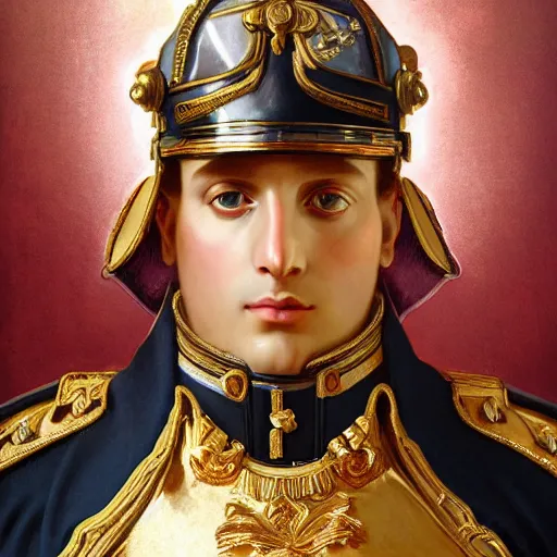 Image similar to portrait of divine emperor napoleon bonaparte, handsome, tall, dieselpunk steampunk napoleonic french baroque, metal shoulder pauldrons, intricate, highly detailed, digital painting, artstation, concept art, sharp focus, cinematic lighting, illustration, art by artgerm and greg rutkowski, alphonse mucha, cgsociety