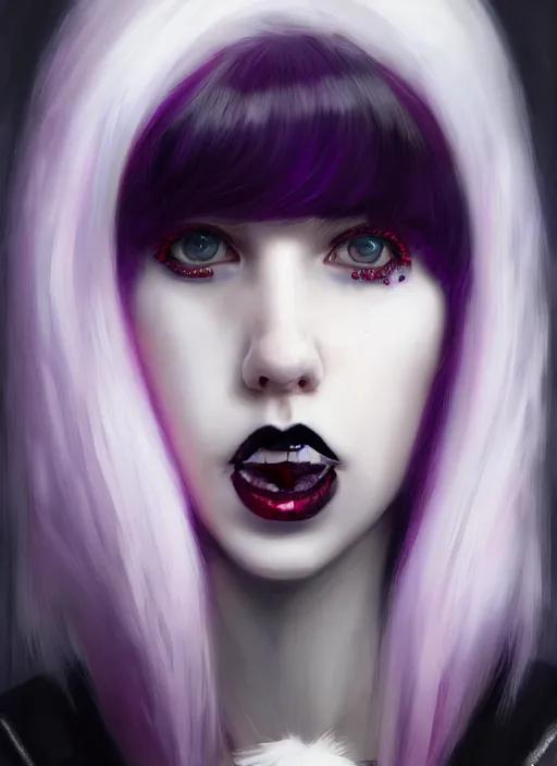 Image similar to portrait of white teenage girl, normal face, white bangs, mall goth, cyberlox, black and white hair, bangs, fluffy bangs, red contact lenses, purple lipstick, intricate, elegant, highly detailed, digital painting, artstation, concept art, sharp focus, smooth, illustration, art by wlop, mars ravelo and greg rutkowski