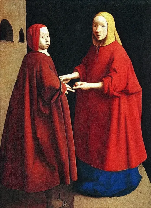 Image similar to red cloth and red shoes, medieval painting by jan van eyck, johannes vermeer