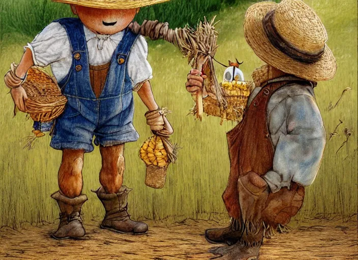 Image similar to a cute short and wide scarecrow with straw for hair and with a straw hat in overalls walking on a dirt road next to a large tall corn field, children's book by tom lovell, ross tran, terry redlin, jean baptiste monge, beatrix potter, painterly