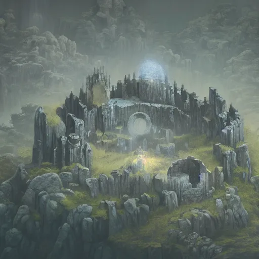 Prompt: aerial view of a stone fort sitting above a cursed swamp in the moonlight, by alan lee by peter mohrbacher, trending on artstation sharp focus vfx key shot