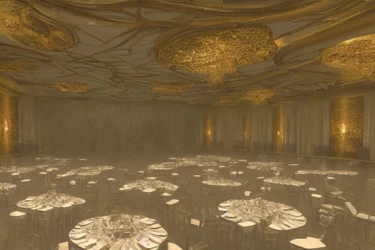 Image similar to flooded ballroom, underwater view, wide shot, cinematic, realistic painting, very detailed