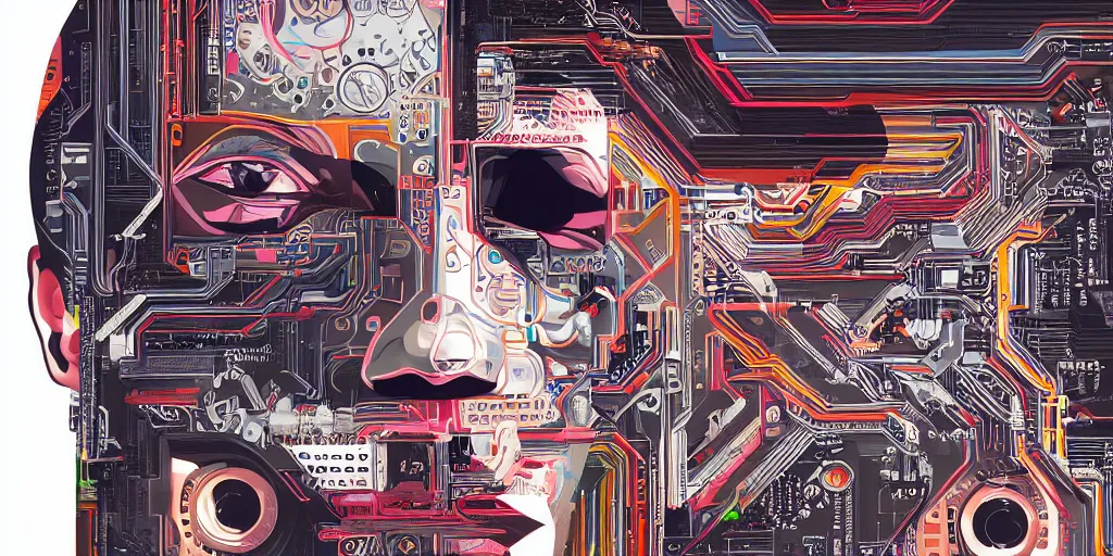Prompt: portrait of computer face & circuits, 8 k, by tristan eaton, trending on deviantart, face enhance, hyper detailed, minimalist, cybernetic, android, blade runner, full of colour, super detailed, cinematic