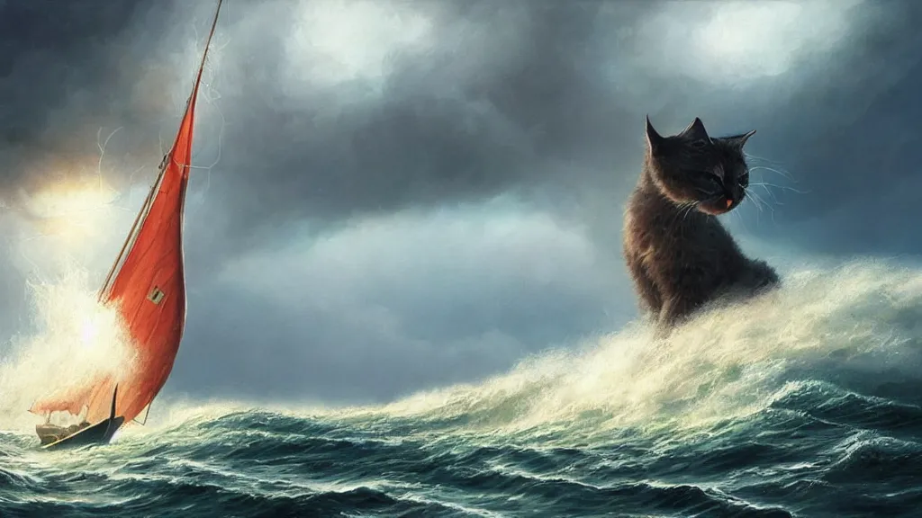 Image similar to a gigantic cat bursting out of a stormy sea attacking a small sail boat, wet fur, giant waves, sunbeams in background, intricate, detailed, volumetric lighting, sharp focus, scenery, photorealism, digital painting, highly detailed, concept art, by roger dean and simon stalenhag and mark brooks