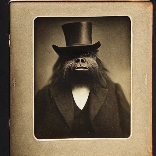 Image similar to a vintage wet plate portrait of a dignified bigfoot with a top hat and cane, extremely detailed, by julia margaret cameron!!!!!!!!!!!!!!!!!!