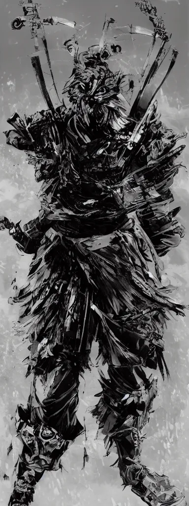 Prompt: Concept art of a dog in samurai armor, surrounded by black smoke, smoky, full body wuxia, Wudang Swordmanship by Chen Uen, art by Yoji Shinkawa, 4k