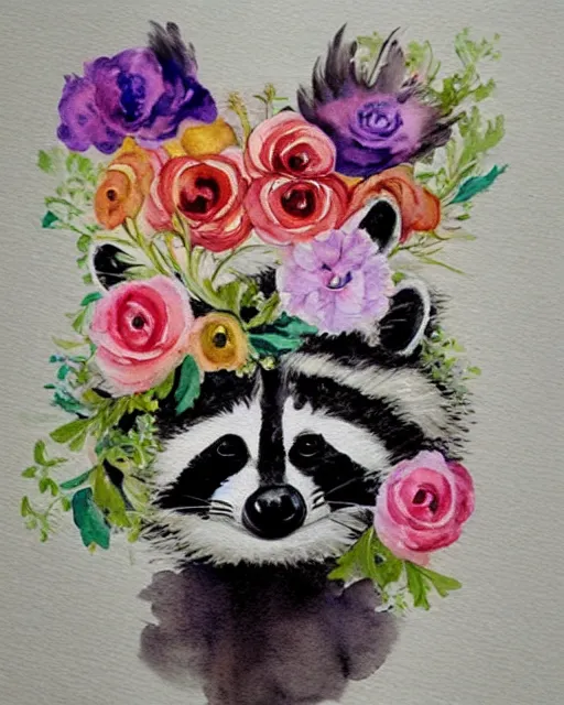 Image similar to a painting of a raccoon wearing a flower crown, a watercolor painting by annabel kidston, a storybook illustration, trending on pinterest, rococo, made of flowers, watercolor, whimsical, white paper