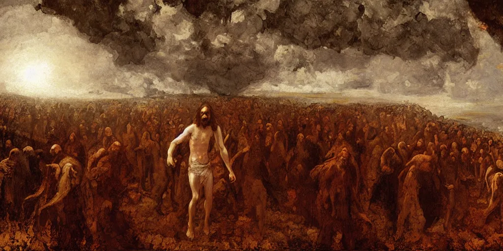 Prompt: Jesus Christ, walking through hell, a fantasy digital Painting, by Gustave Courbet