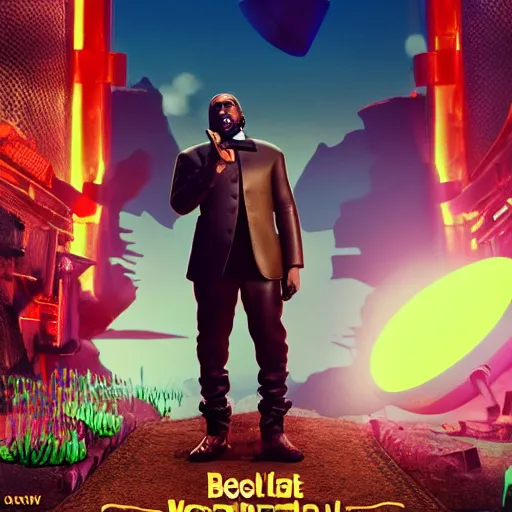 Image similar to Kanye West as willy wonka in fallout new vegas, splash art, movie still, cinematic lighting, dramatic, octane render, long lens, shallow depth of field, bokeh, anamorphic lens flare, 8k, hyper detailed, 35mm film grain