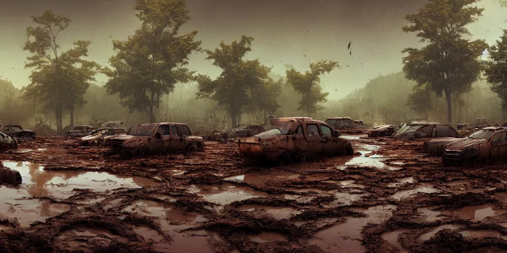 Prompt: a muddy swamp littered with rusted submerged cars and vegetation covered construction equipment, narrow wooden walkway, game art matte painting hyperdetailed, artstation, cgsociety, 8k, surreal dream landscape