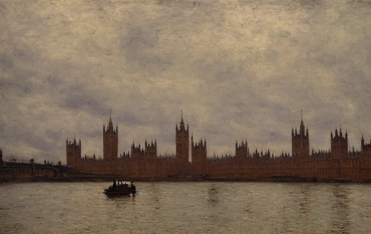 Prompt: the houses of parliament with a gloomy day's weather, 1885, highly detailed oil on canvas, by Ilya Repin