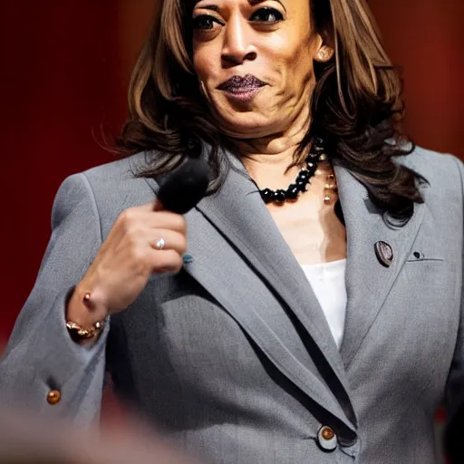 Image similar to kamala harris dressed up in hardcore gangbanger cosplay with face tattoos