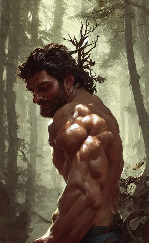 Prompt: god of the forest, 30 years old, rugged, male, gorgeous, detailed face face face face, amazing, thighs thighs thighs thighs, muscular, intricate, highly detailed, digital painting, artstation, concept art, sharp focus, illustration, art by greg rutkowski and alphonse mucha