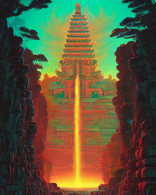 Prompt: ancient alien waterfall temple with flying demons, chris mars, alena aenami, dan mumford