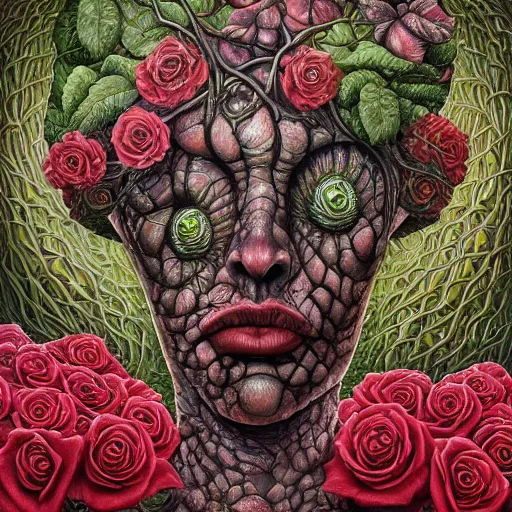 Image similar to the queen of vines and roses by jacek yerka, alex gray, zdzisław beksiński, dariusz zawadzki, jeffrey smith and h.r. giger, oil on canvas, 8k highly professionally detailed, trending on artstation