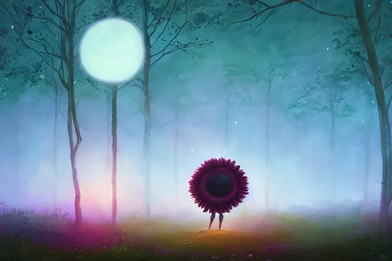 Image similar to giant daisy flower as face, girl standing in forest, surreal photography, dark night, stars, moon light, impressionist painting, clouds, digital painting, artstation, simon stalenhag