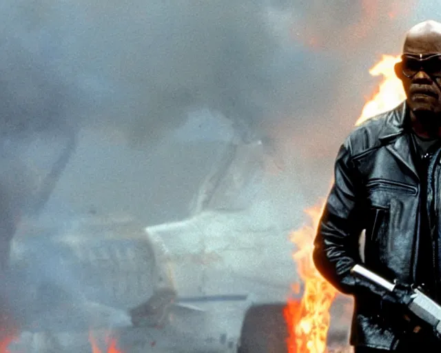 Image similar to Samuel L. Jackson plays Terminator wearing leather jacket and his endoskeleton is visible, walking out of flames