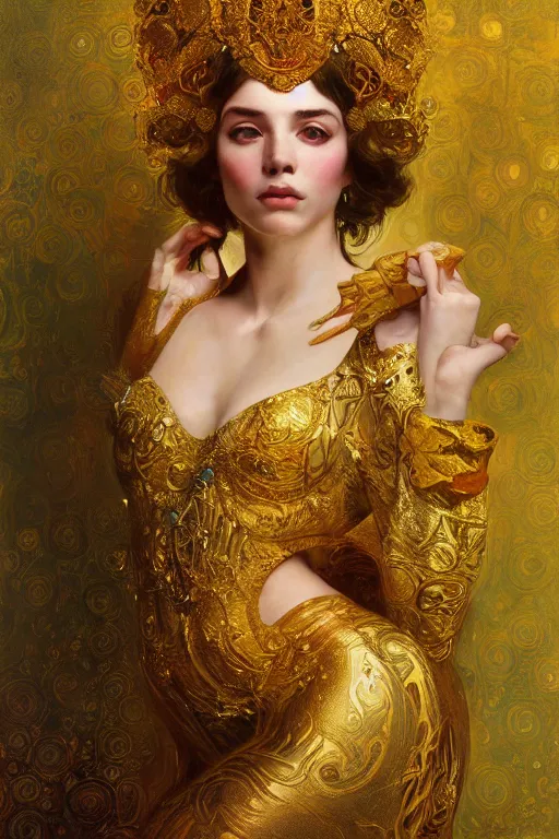 Image similar to an intricate painting of a beautiful young lady with an artistic sensual pose with klimt golden motives and textures, hyper detailed, ornamental gold headpiece, octane render, vivid colors, artstation, by jeremy mann, by alphonse mucha, by boris vallejo