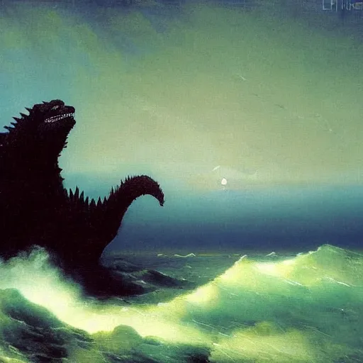 Image similar to godzilla on the coast painting by aivazovsky