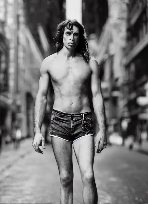 Image similar to portrait of tarzan walk on the street of new york, by charlotte grimm, natural light, detailed face, beautiful features, symmetrical, canon eos c 3 0 0, ƒ 1. 8, 3 5 mm, 8 k, medium - format print, half body shot