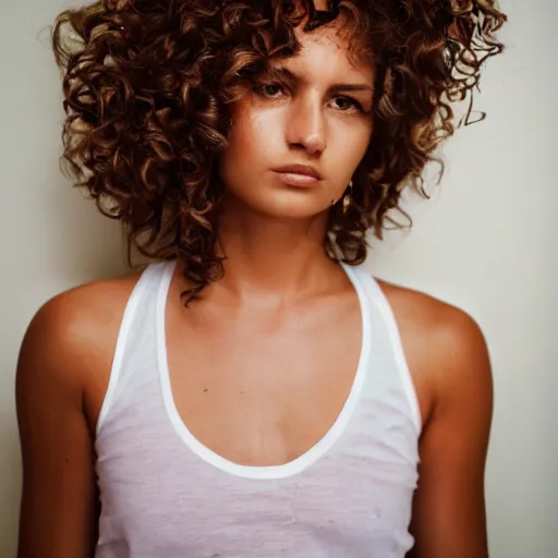 Prompt: full body shot, arms crossed , woman curly hair, trendy, tanned, fashion, model, solemn expression, symmetrical face, tight crop top, Pentax K1000 photography