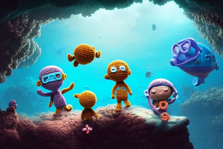 Prompt: an expedition of crochet scuba divers discovering a mysterious cave underwater. cute, illustration, digital art, inspired by little big planet, by greg rutkowski, detailed, sharp, masterpiece, highly detailed, photorealistic, octane render, 8 k, unreal engine 5, trending on artstation, vivid colors