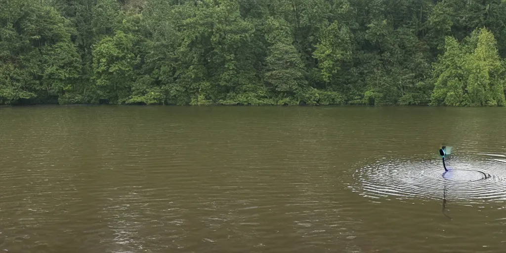 Image similar to symmetrical photograph of an infinitely long rope floating on the surface of the water, the rope is snaking from the foreground stretching out towards the center of the lake, a vortex in the middle of a dark lake on a cloudy day, trees in the background, anamorphic lens