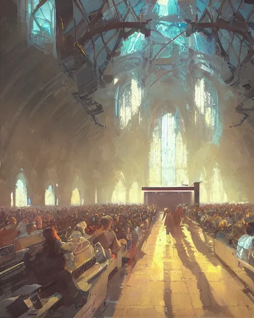 Image similar to craig mullins and ghibli digital illustration of a crowd in a futuristic church, priest, pews, ethereal, inviting, bright, photorealistic, wide shot